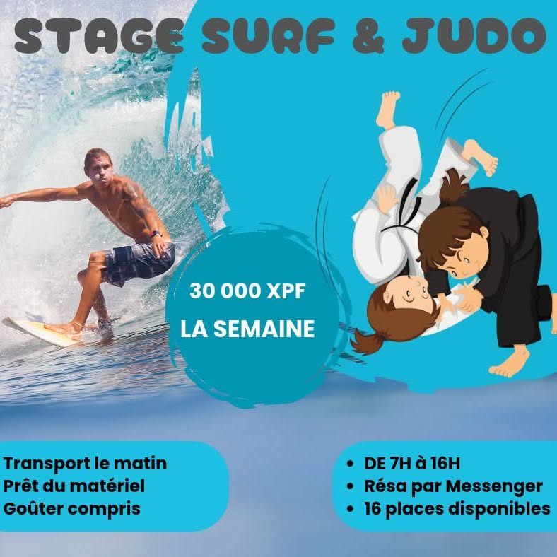 Affiche du stage surf et judo, 30 000 XPF la semaine